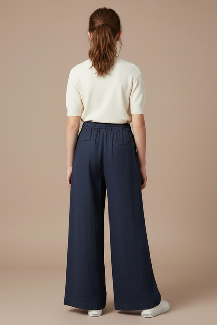 Pantalon Fluide Bleu Marine Ample Coton Lin - vue 2