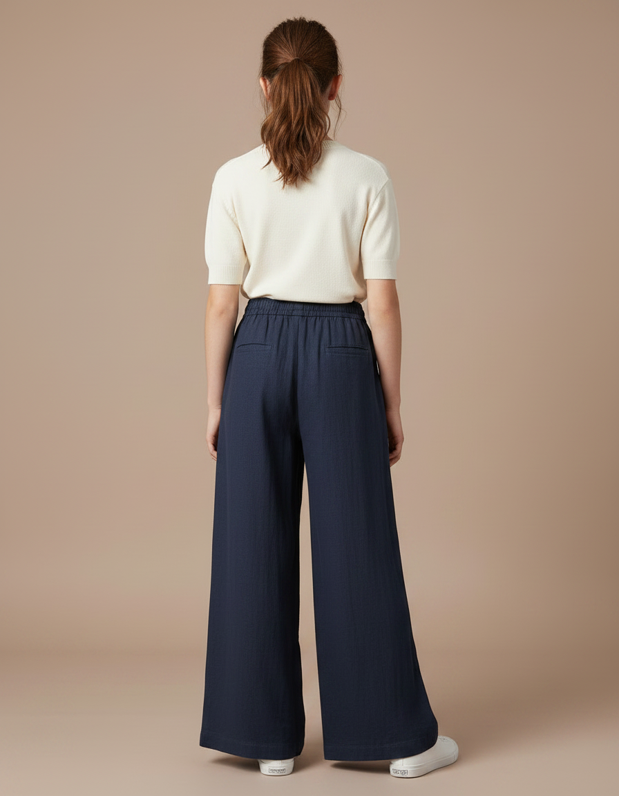 Pantalon Fluide Bleu Marine Ample Coton Lin - vue 2