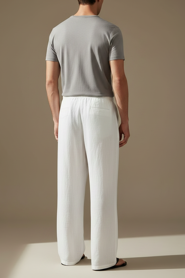 Pantalon Fluide Blanc Lin Ample Cordon Homme - vue 2