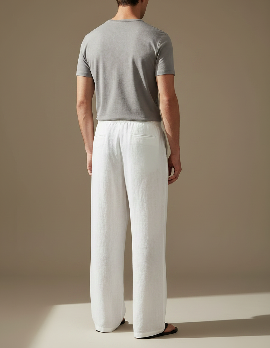 Pantalon Fluide Blanc Lin Ample Cordon Homme - vue 2