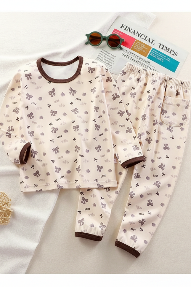 Pantalon Fluide Beige Imprimé Nœuds Coton Enfant