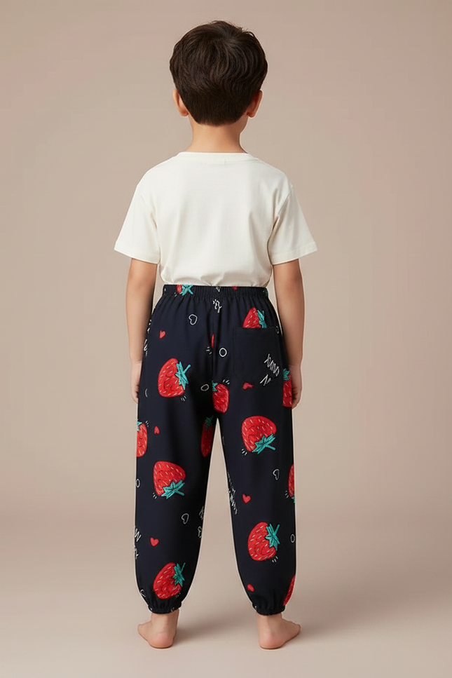 Pantalon Fluide Noir Ample Imprimé Fraises Enfant - Viscose - vue 2