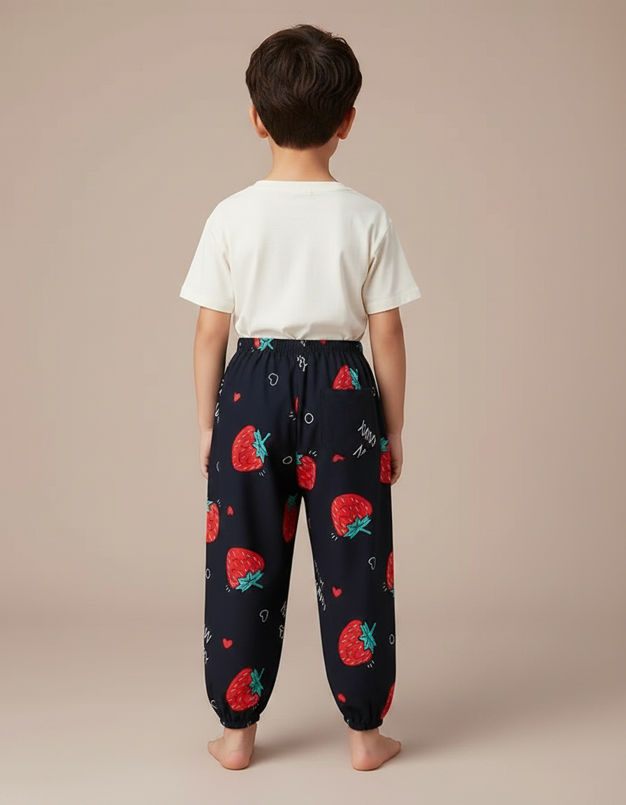 Pantalon Fluide Noir Ample Imprimé Fraises Enfant - Viscose - vue 2