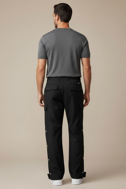 Pantalon Fluide Noir Cargo Boutons Pression Décontracté Homme - Polyester - vue 2
