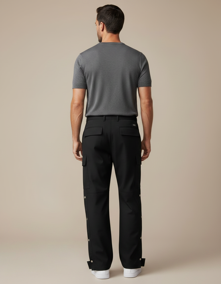 Pantalon Fluide Noir Cargo Boutons Pression Décontracté Homme - Polyester - vue 2