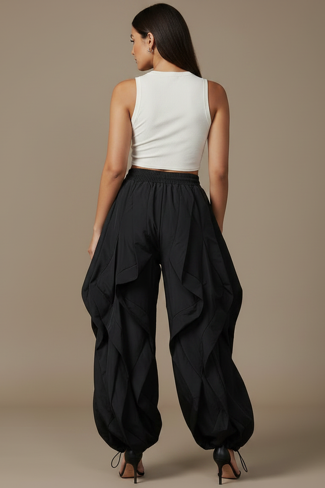 Pantalon Fluide Noir Ample Cargo Plissé Ajustable - Polyester - vue 2