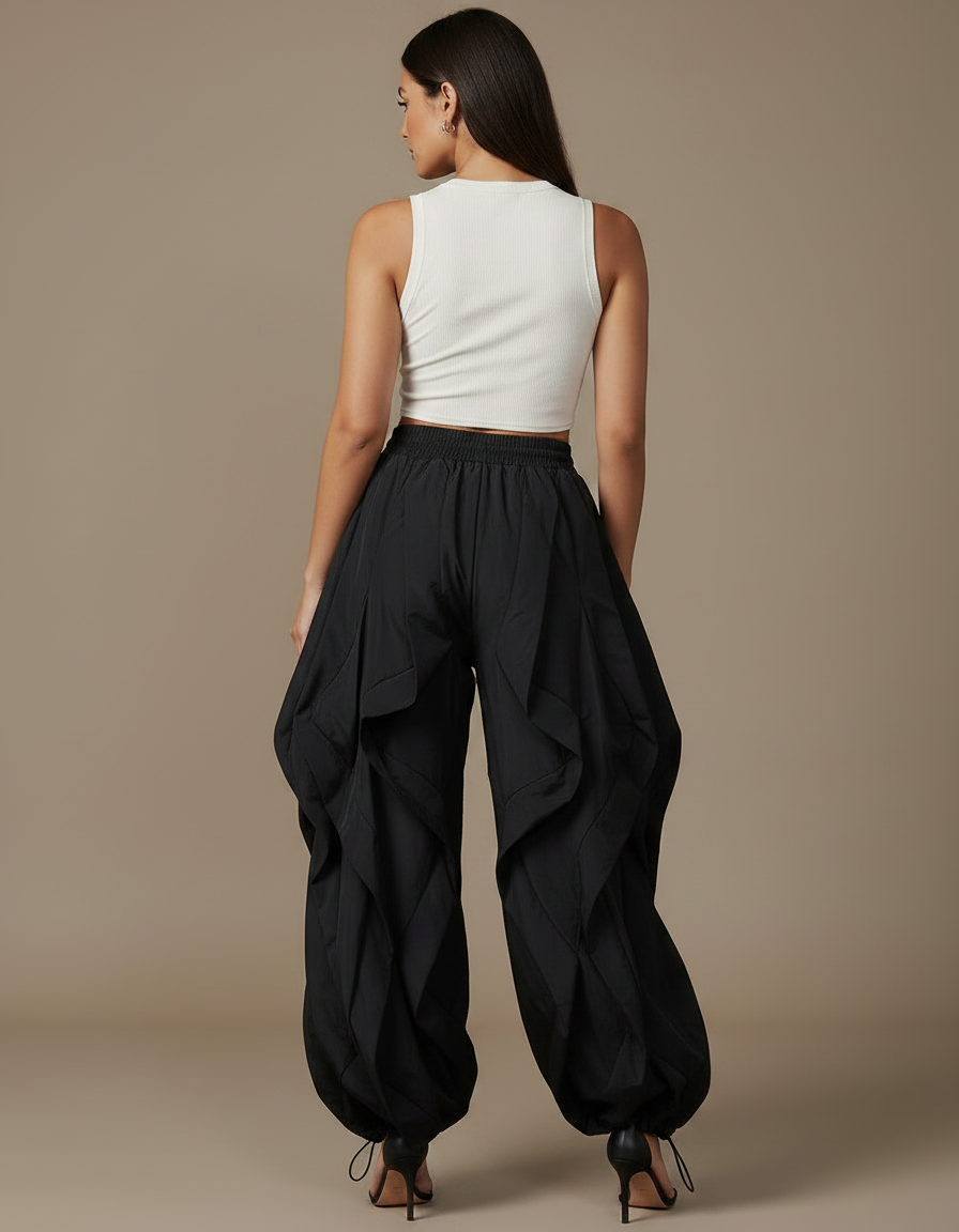 Pantalon Fluide Noir Ample Cargo Plissé Ajustable - Polyester - vue 2