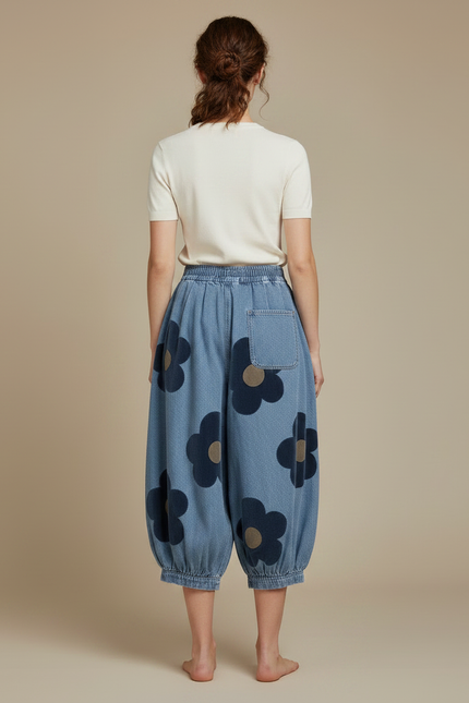 Pantalon Fluide Denim Ample Motifs Floraux Bleu - Jean - vue 2