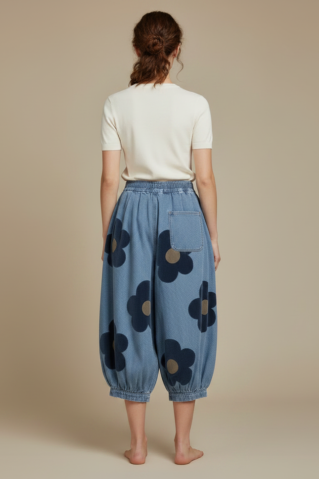 Pantalon Fluide Denim Ample Motifs Floraux Bleu - Jean - vue 2