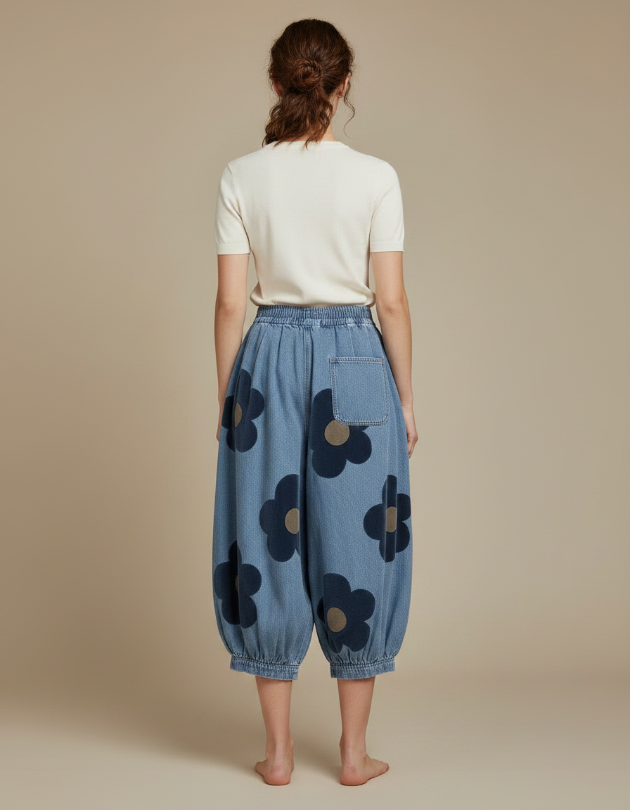 Pantalon Fluide Denim Ample Motifs Floraux Bleu - Jean - vue 2