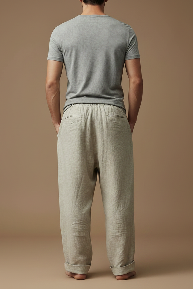 Pantalon Fluide Lin Beige Ample Cordon Homme - vue 2
