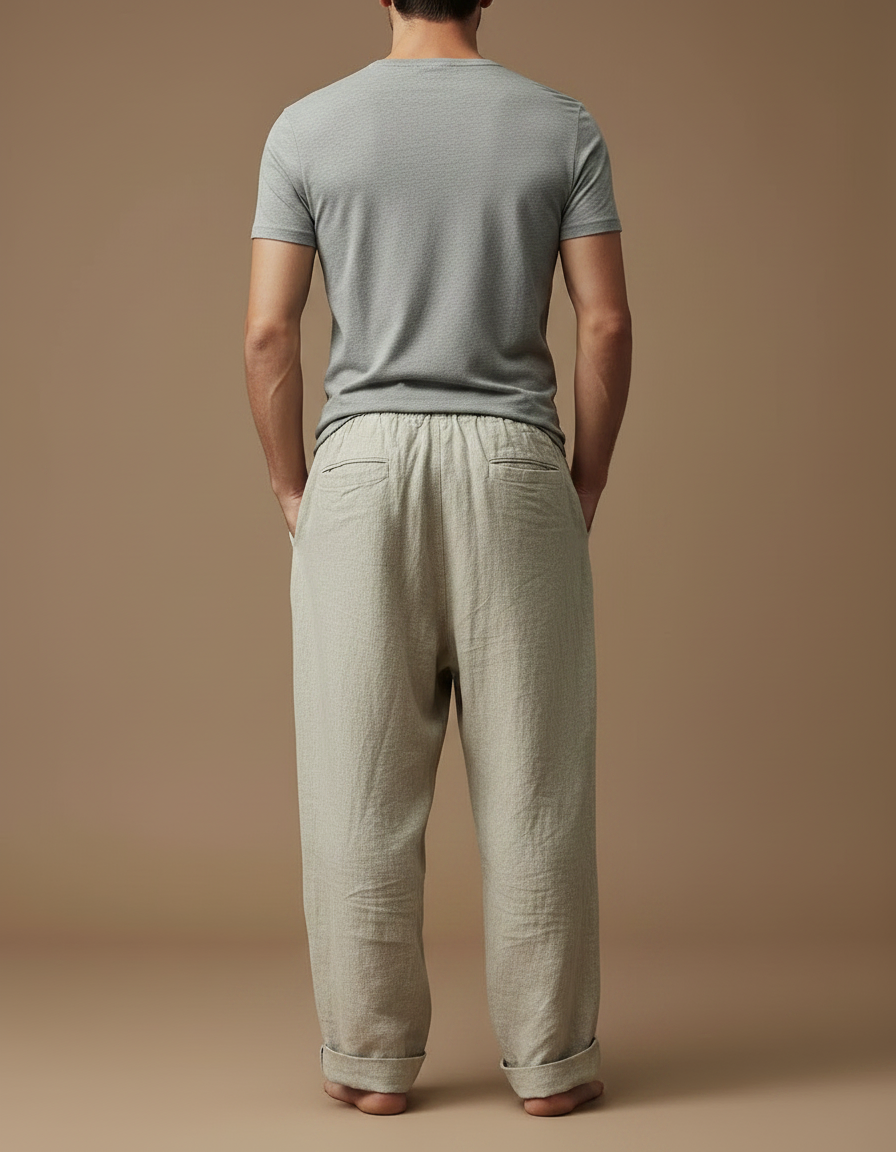 Pantalon Fluide Lin Beige Ample Cordon Homme - vue 2