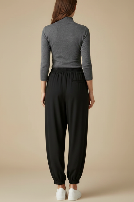 Pantalon Fluide Noir Ample Taille Élastique Cheville Resserrée - Viscose - vue 2