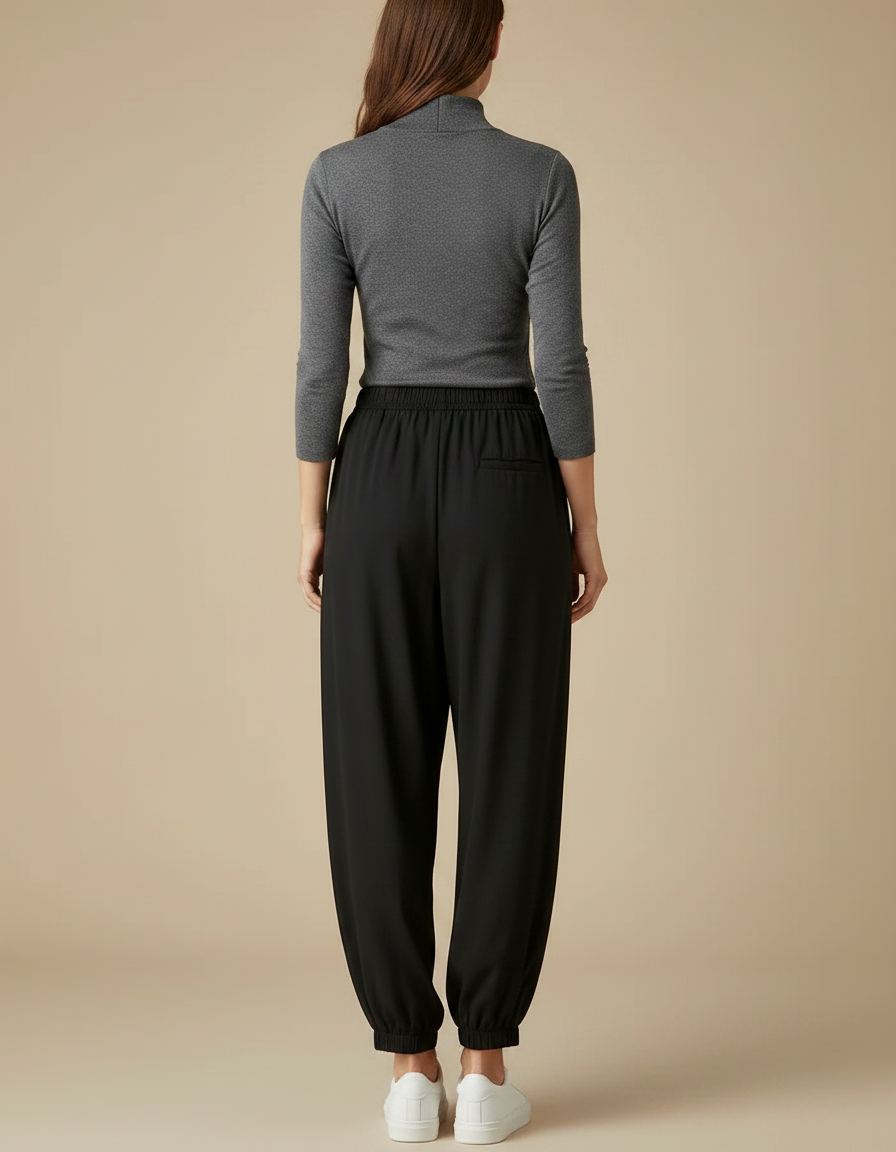 Pantalon Fluide Noir Ample Taille Élastique Cheville Resserrée - Viscose - vue 2