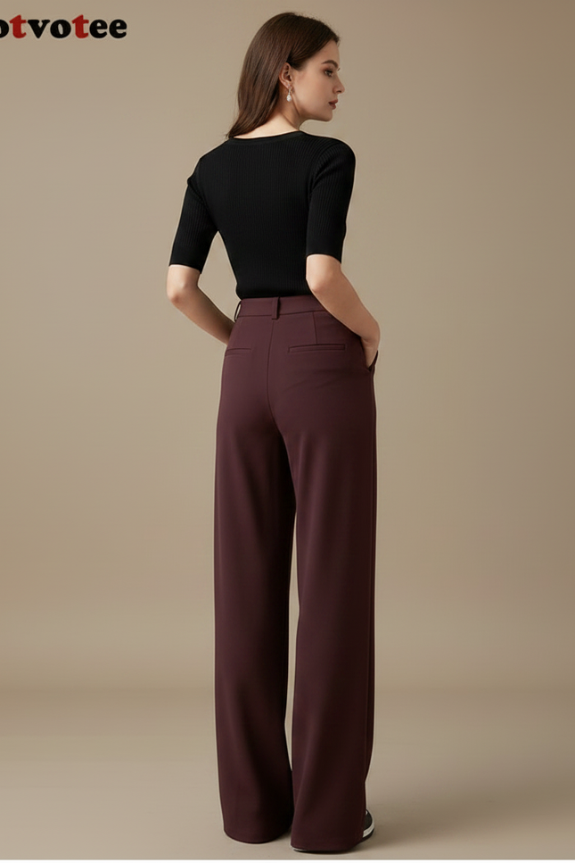 Pantalon Fluide Bordeaux Ample Plissé Élégant Femme - Polyester - vue 2