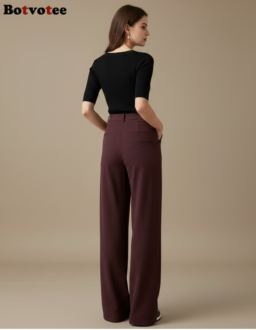 Pantalon Fluide Bordeaux Ample Plissé Élégant Femme - Polyester - vue 2