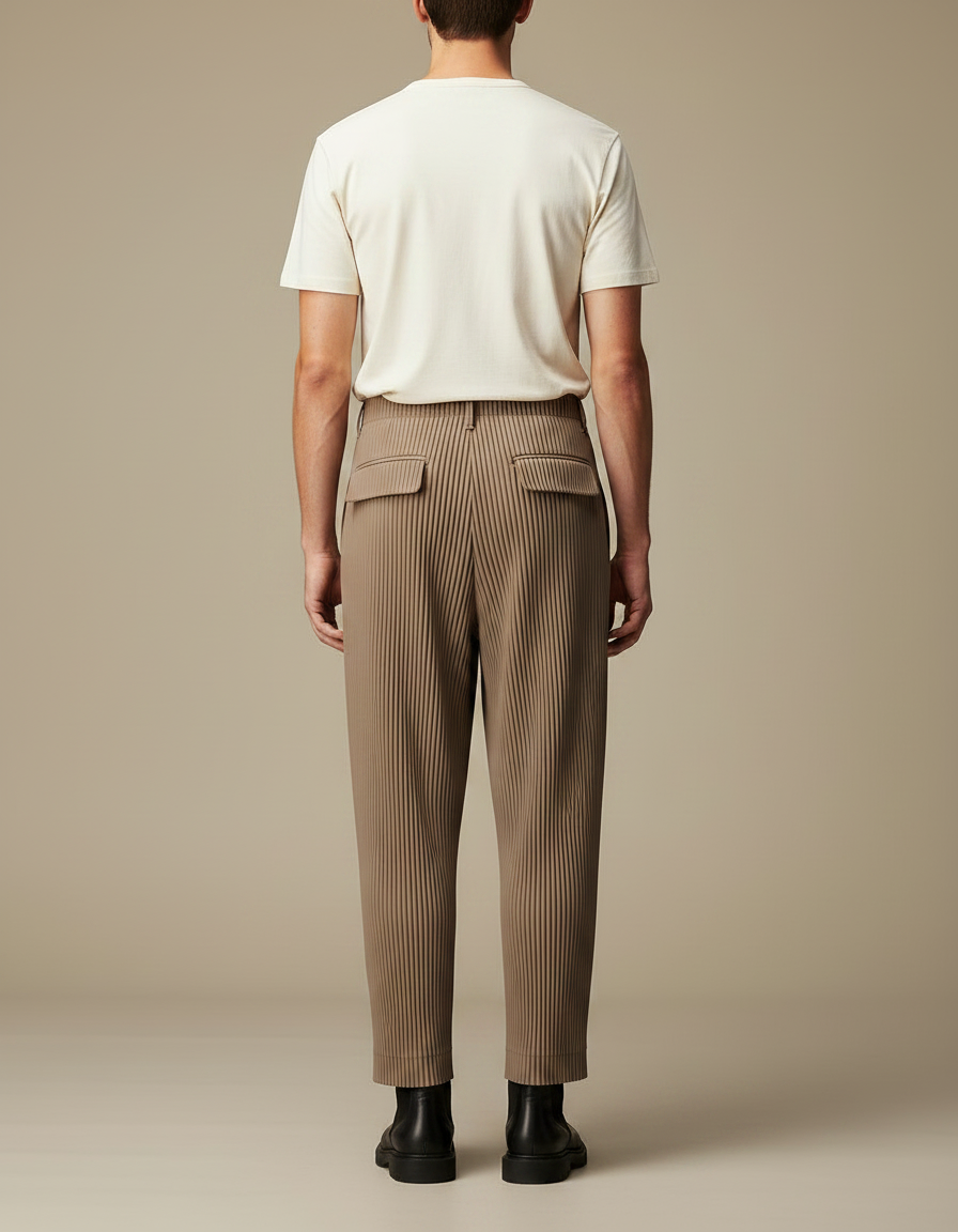 Pantalon Fluide Plissé Marron Droit Décontracté Homme - Polyester - vue 2