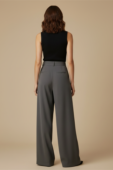 Pantalon Fluide Gris Ample Élégant Plissé Femme - Polyester - vue 2
