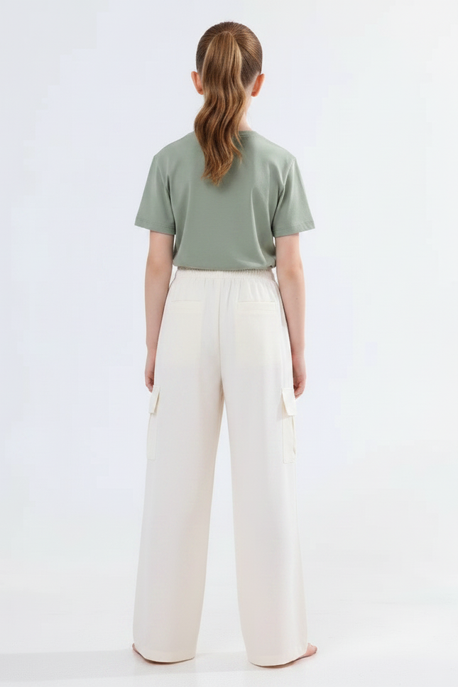 Pantalon Fluide Écru Cargo Ample Enfant Décontracté - Beige Viscose - vue 2