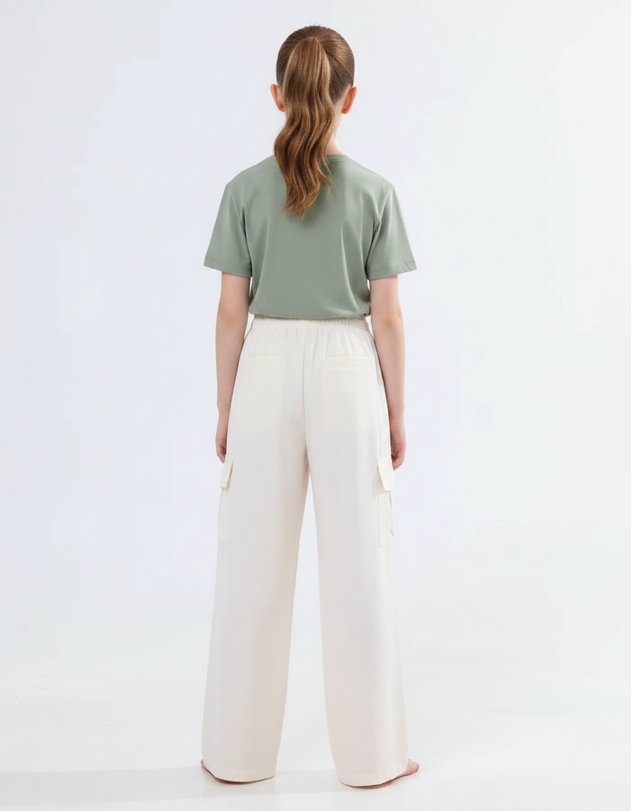 Pantalon Fluide Écru Cargo Ample Enfant Décontracté - Beige Viscose - vue 2