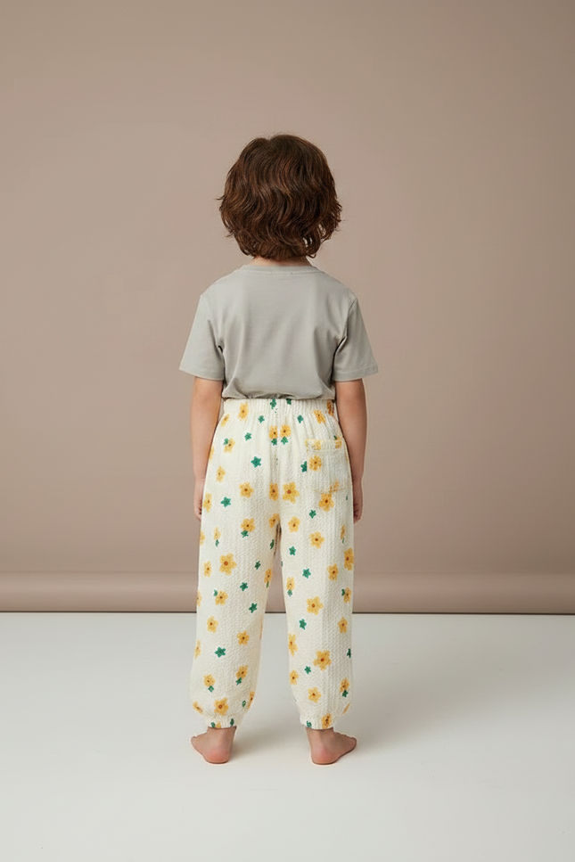 Pantalon Fluide Écru Fleuri Ample Léger Enfant - Beige Coton - vue 2