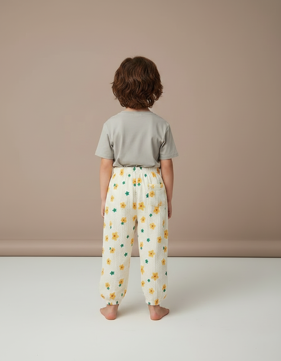 Pantalon Fluide Écru Fleuri Ample Léger Enfant - Beige Coton - vue 2