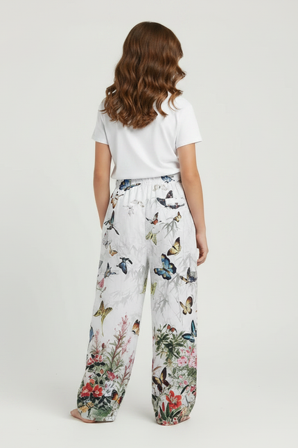 Pantalon Fluide Blanc Imprimé Papillons Floral Ample - Viscose - vue 2