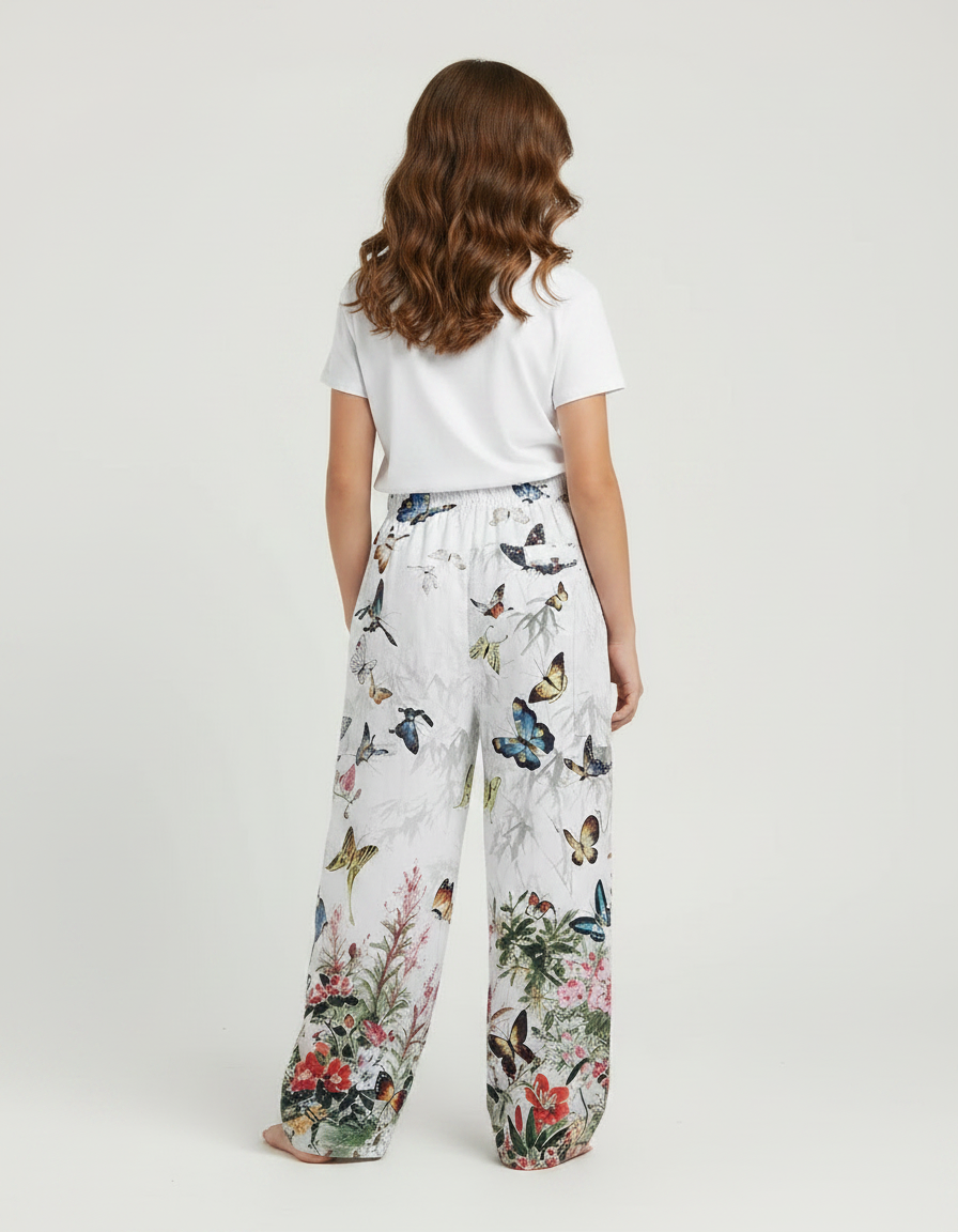 Pantalon Fluide Blanc Imprimé Papillons Floral Ample - Viscose - vue 2