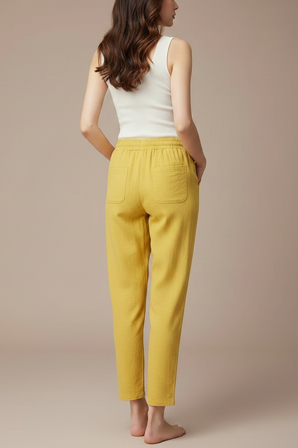 Pantalon Fluide Jaune Moutarde Ample Coton Lin Casual - vue 2