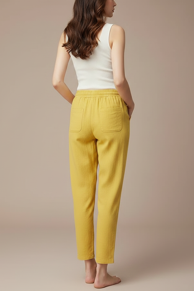 Pantalon Fluide Jaune Moutarde Ample Coton Lin Casual - vue 2