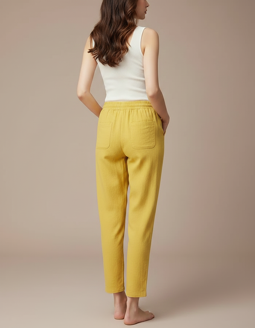 Pantalon Fluide Jaune Moutarde Ample Coton Lin Casual - vue 2