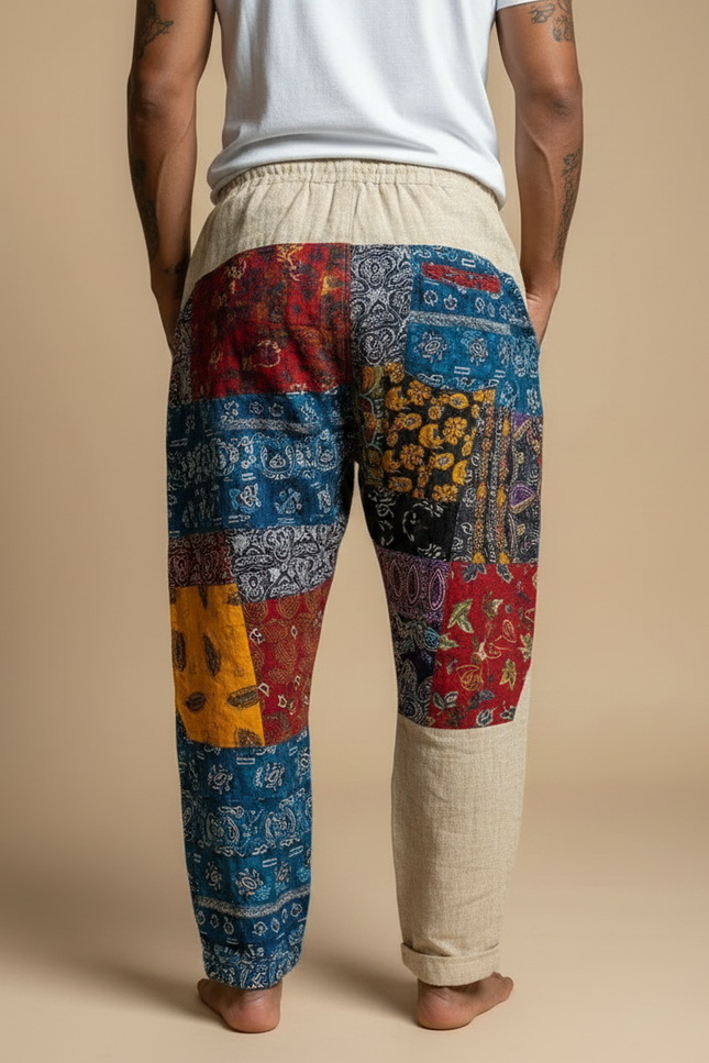 Pantalon Fluide Patchwork Ethnique Coloré Ample Coton Homme - Multicolore - vue 2