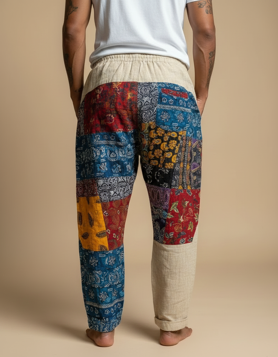 Pantalon Fluide Patchwork Ethnique Coloré Ample Coton Homme - Multicolore - vue 2