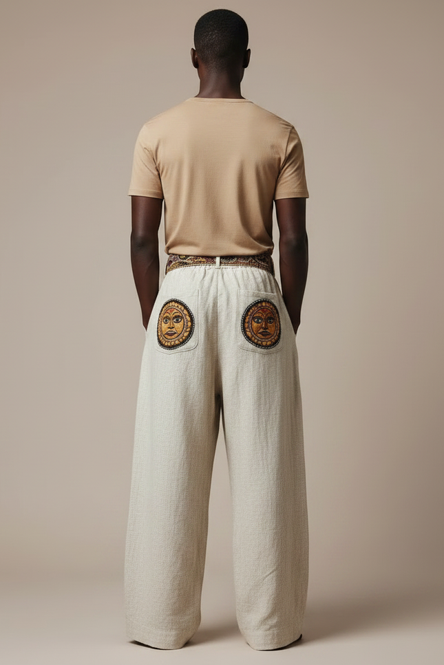 Pantalon Fluide Écru Ample Tribal Masques Ethniques Homme - Beige Lin - vue 2