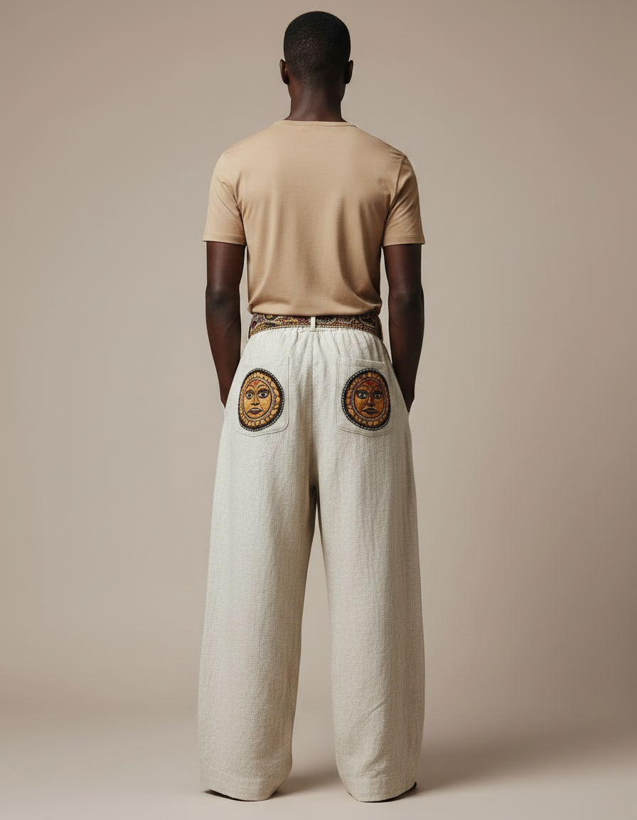 Pantalon Fluide Écru Ample Tribal Masques Ethniques Homme - Beige Lin - vue 2