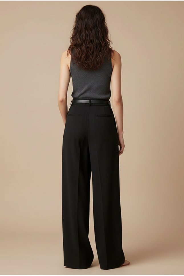 Pantalon Fluide Noir Ample Taille Haute Plissé Chic - Polyester - vue 2