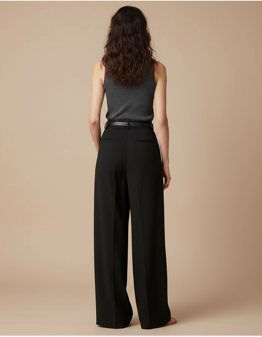 Pantalon Fluide Noir Ample Taille Haute Plissé Chic - Polyester - vue 2