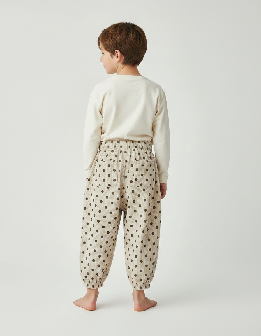 Pantalon Fluide Côtelé Beige Pois Ample Enfant - Cordé - vue 2