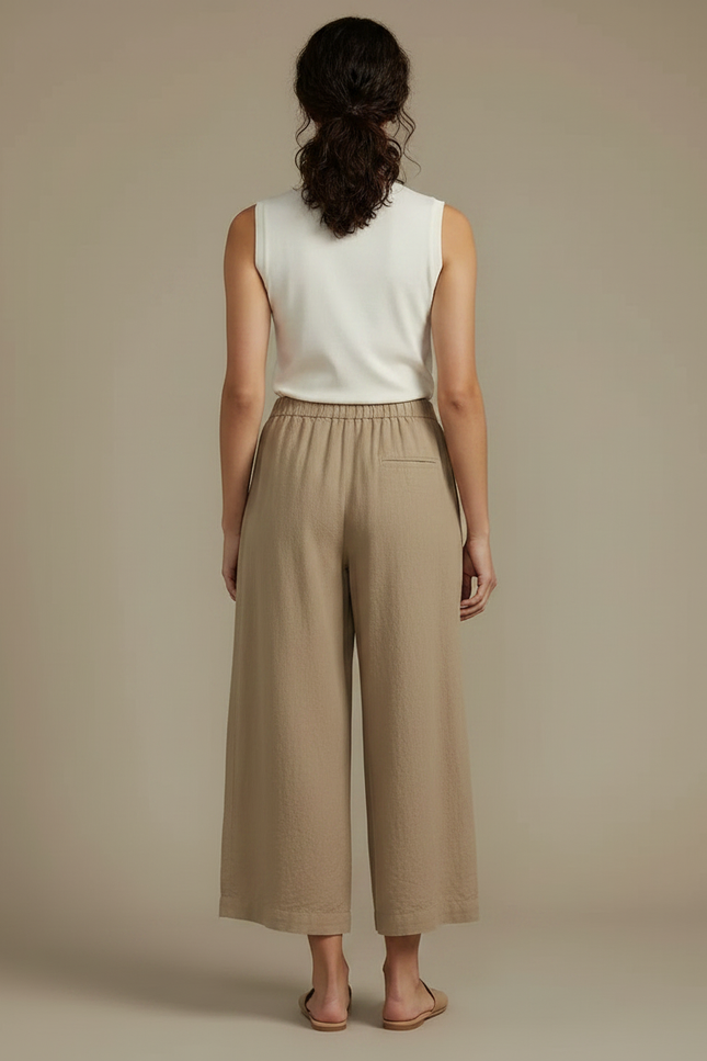 Pantalon Fluide Beige Ample Coton Lin Décontracté Femme - vue 2
