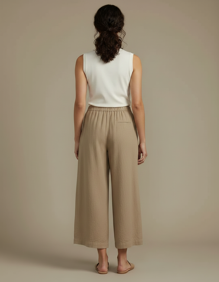 Pantalon Fluide Beige Ample Coton Lin Décontracté Femme - vue 2