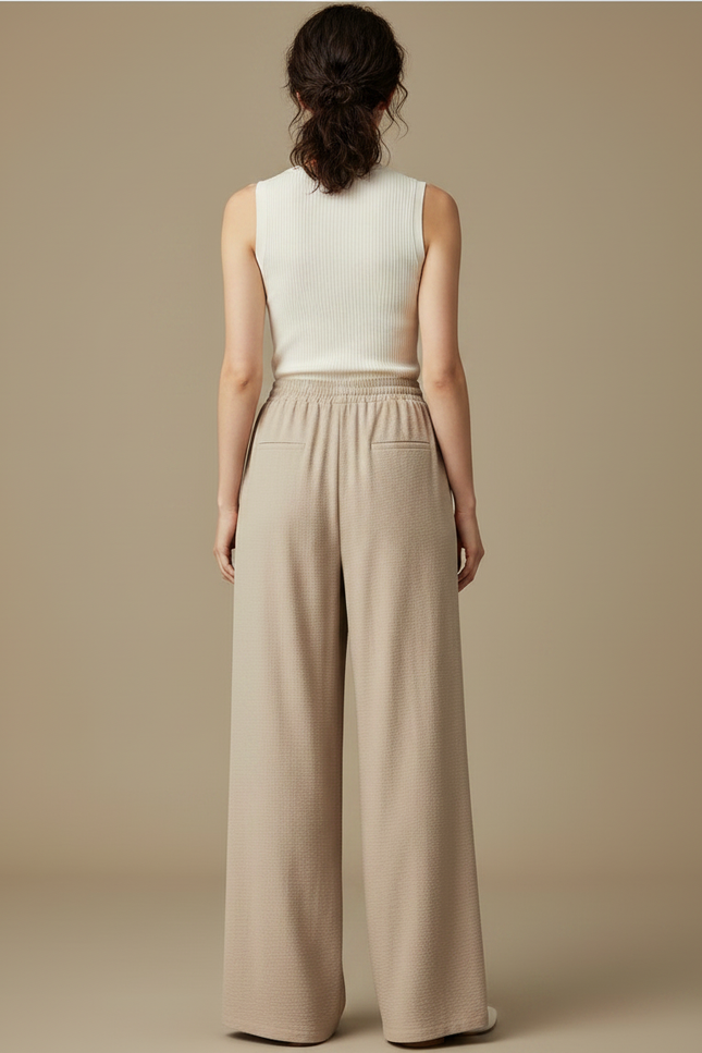 Pantalon Fluide Beige Large Taille Haute Plissé Chic - Polyester - vue 2