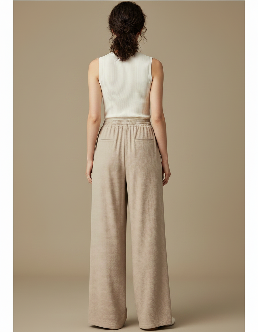 Pantalon Fluide Beige Large Taille Haute Plissé Chic - Polyester - vue 2