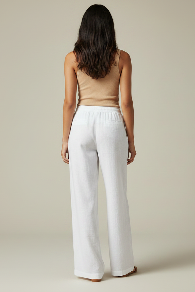 Pantalon Fluide Blanc Lin Ample Décontracté Confortable - vue 2
