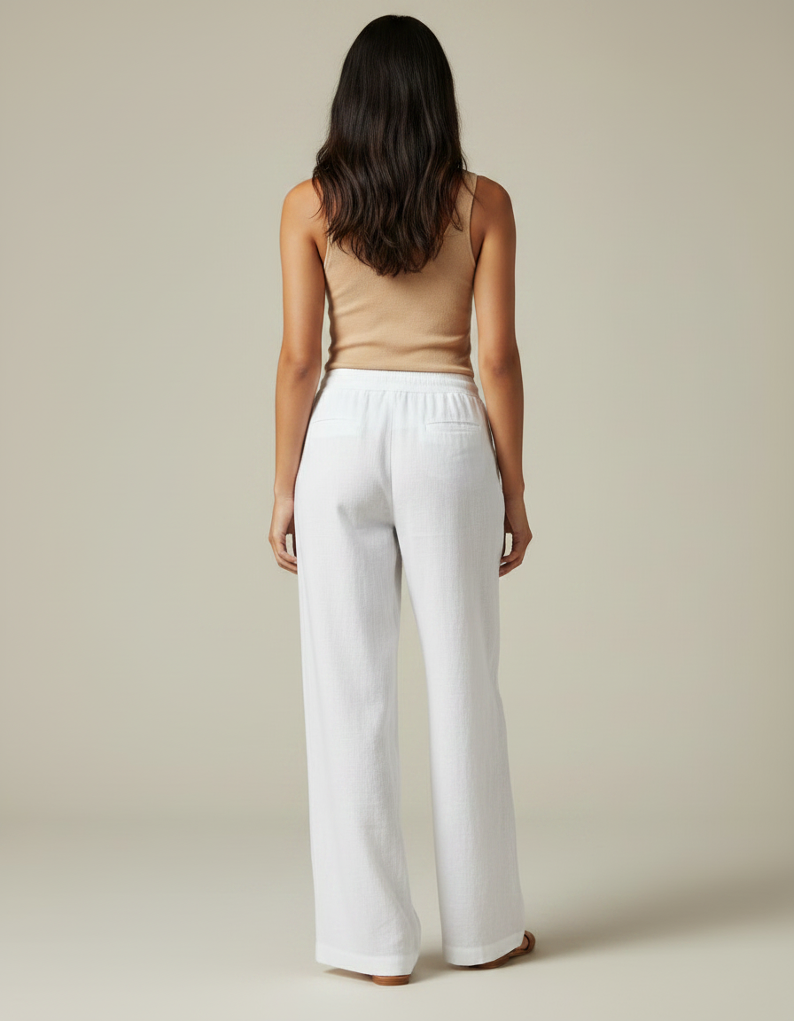 Pantalon Fluide Blanc Lin Ample Décontracté Confortable - vue 2