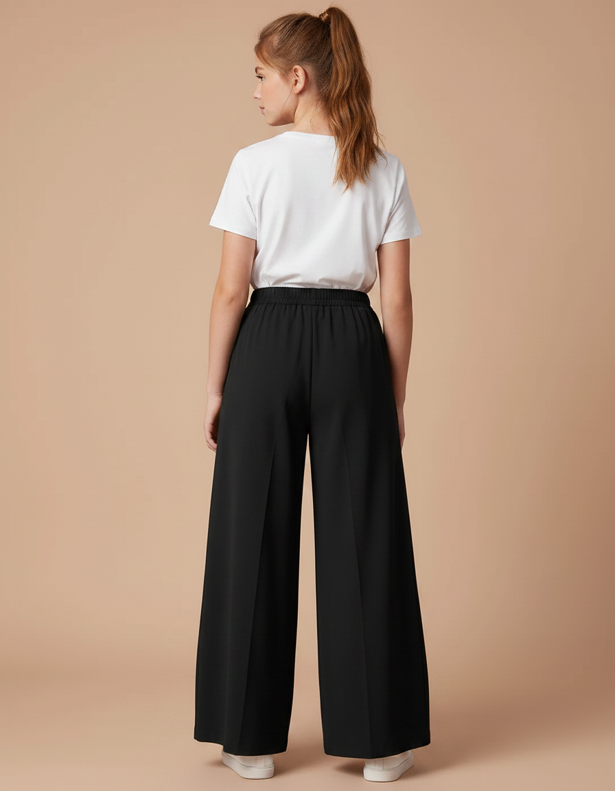 Pantalon Fluide Noir Ample Taille Élastique Plissé - Polyester - vue 2