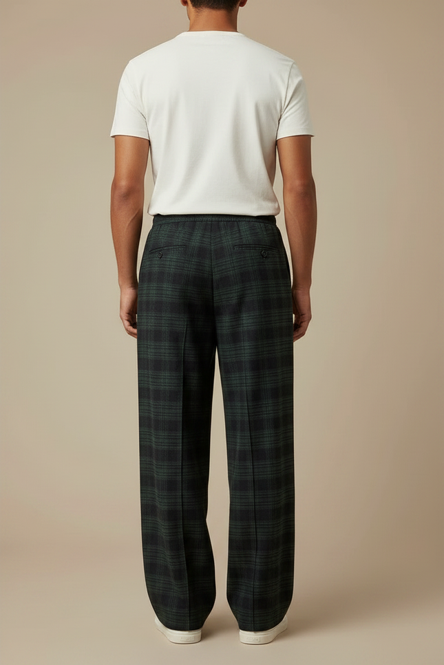 Pantalon Fluide Carreaux Écossais Ample Décontracté Homme - Vert Laine - vue 2