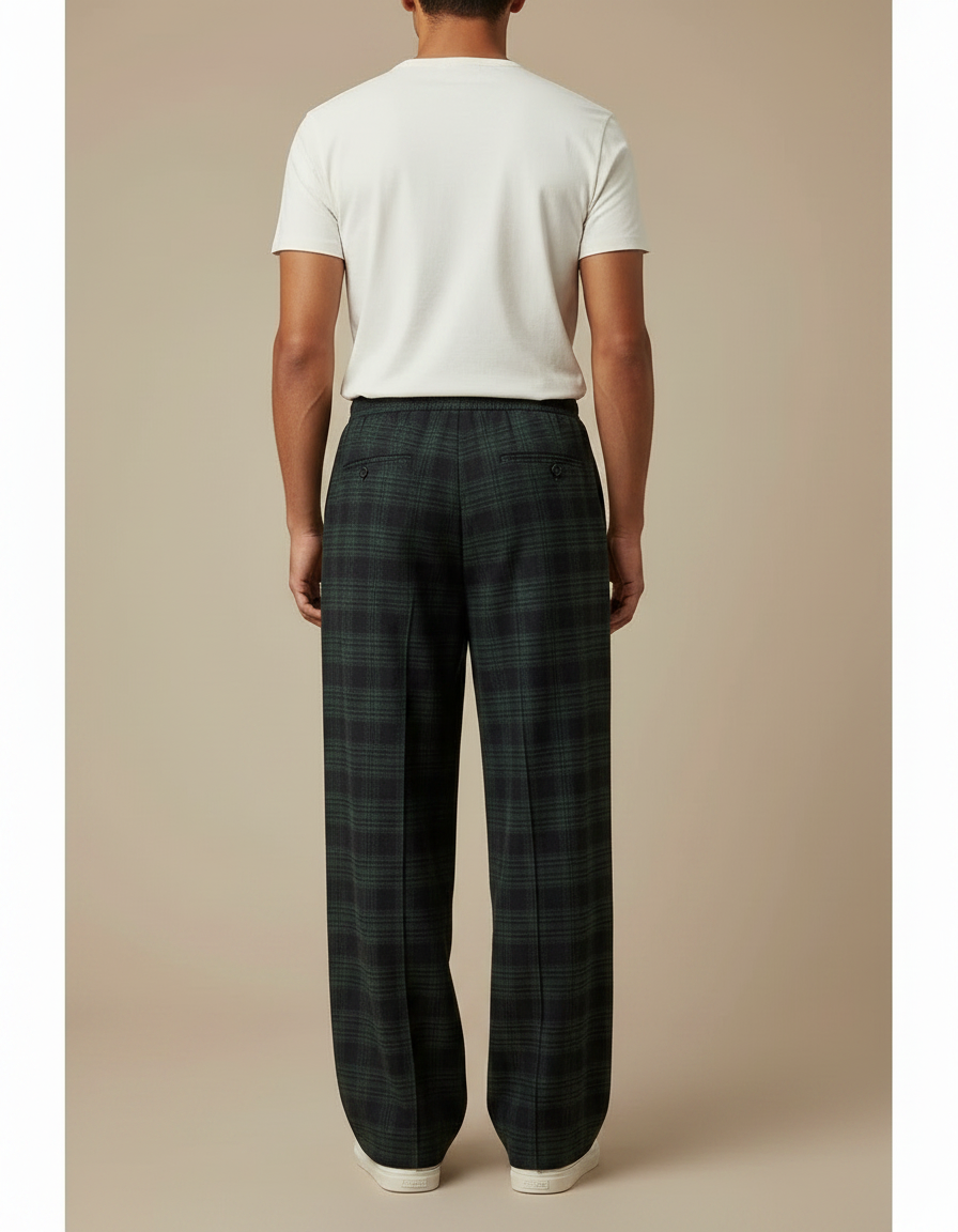 Pantalon Fluide Carreaux Écossais Ample Décontracté Homme - Vert Laine - vue 2