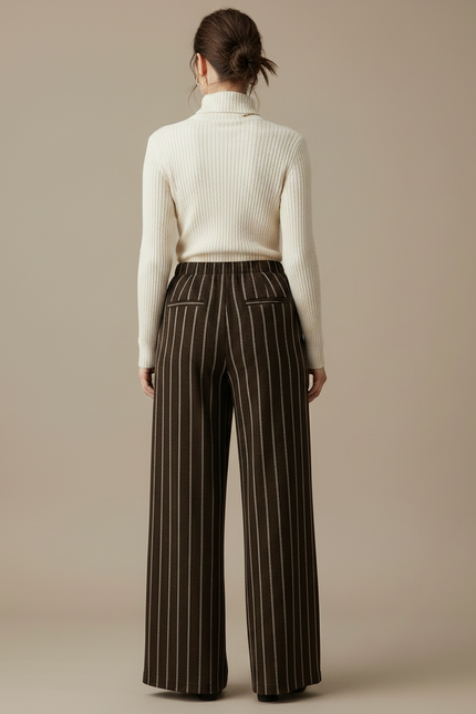 Pantalon Fluide Marron Rayé Ample Taille Haute Élégant - Laine - vue 2