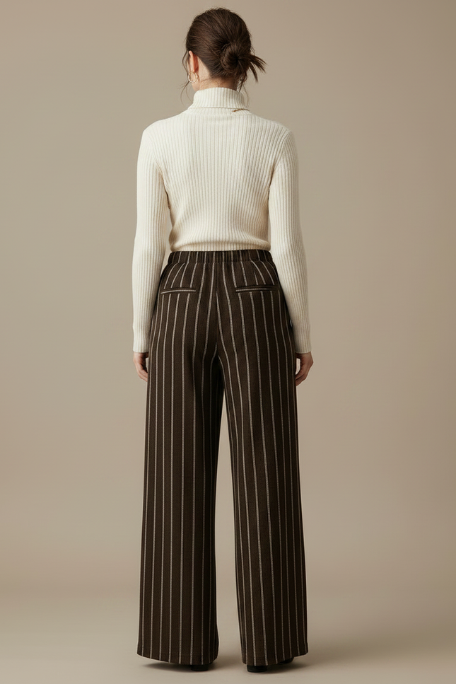 Pantalon Fluide Marron Rayé Ample Taille Haute Élégant - Laine - vue 2
