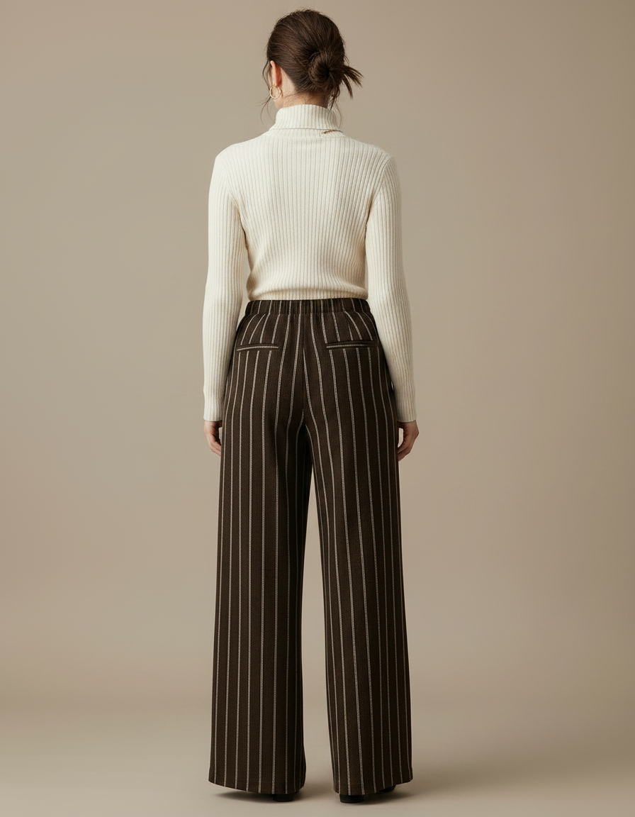 Pantalon Fluide Marron Rayé Ample Taille Haute Élégant - Laine - vue 2